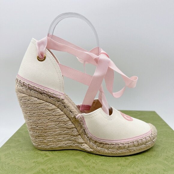 GUCCI INTERLOCKING G Platform Wedge ESPADRILLE Pink RIBBON TIE EU 40/ US 10 - Picture 8 of 12